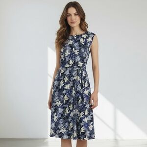 Lauren Ralph Lauren Navy Blue and Off White Sleeveless Floral Midi Crepe Dress